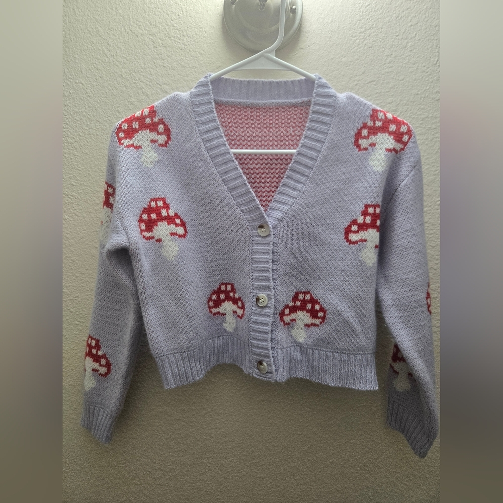 SHEIN Youth 3 Button Purple Mushroom Cardigan